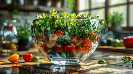 A bowl of tomatoes and lettuce is on a wooden table