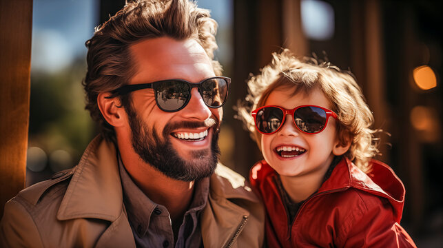 Man and a child are smiling and wearing sunglasses