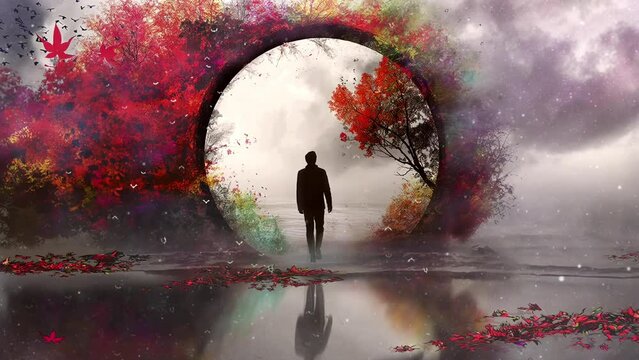 The standing figure of the man is surrounded by a whirlpool of conflicting thought