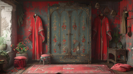 Vintage red room with ornate wardrobe, traditional costumes, and rustic decor. - obrazy, fototapety, plakaty