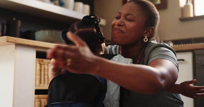 Kitchen, hug and black family with mother, girl and happiness with support, home and excited. Single parent, mama or kid with embrace and child development with love, bonding together and backpack