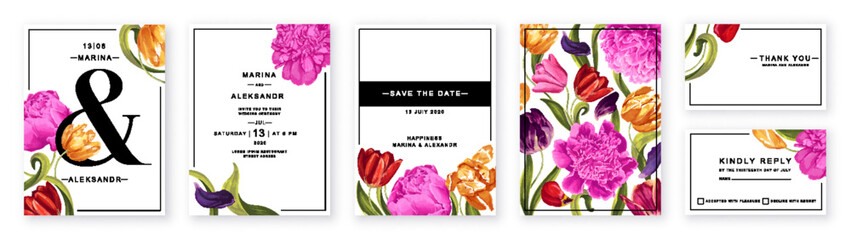 Floral wedding invitation card template design, colorful peonies and tulips flowers. Design template with high detail, vector, realistic spring flowers. Save the Date and RSVP Collection.