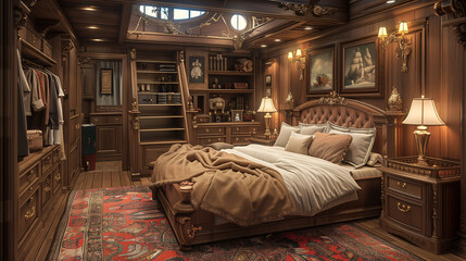Cozy classic interior design with king size bed and wooden wardrobe - obrazy, fototapety, plakaty