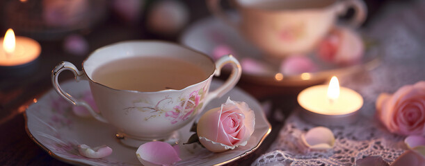 Obraz na płótnie Canvas Romantic tea setting rose petals and warm candles