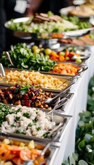 Buffet spread with gourmet appetizers and floral decoration