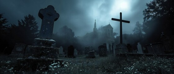 Cross under night sky in eerie graveyard setting - obrazy, fototapety, plakaty