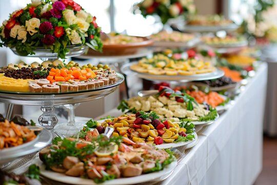 Buffet spread with gourmet appetizers and floral decoration