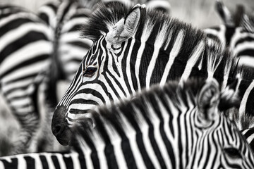 Close up of the face of a plains zebra, equus quagga, in a herd of zebra in the Masai Mara, Kenya. Black and white. - 759839616