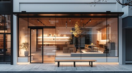 Storefront with white walls and black metal accents, glass windows showing the interior of the store, minimalist wood furniture in front of the building. Generative AI. - Powered by Adobe