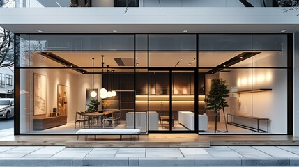 Storefront with white walls and black metal accents, glass windows showing the interior of the store, minimalist wood furniture in front of the building. Generative AI. - Powered by Adobe