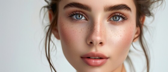 Fototapeta premium Young woman with freckles and blue eyes beauty portrait