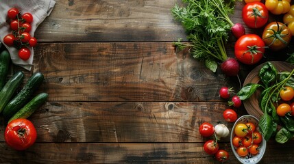 vegetables and fruits delicately arranged on the lower right corner of a wooden table, showcasing a minimalist style and offering generous whitespace for custom text, in a realistic scene. - obrazy, fototapety, plakaty