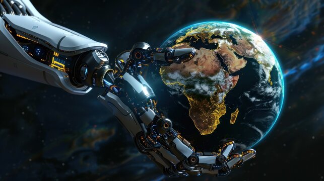 Robot hand is holding the earth, technology concept is taking over AI generated image