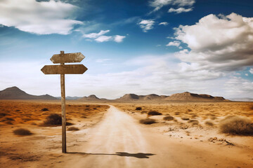 An empty wooden road-sign in the desert, blue overcast cloudy sky with a mountain range in the background
