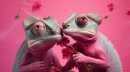 A witty depiction of two chameleons in love with flowers on a pink background