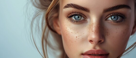 Young woman with freckles and blue eyes beauty portrait - obrazy, fototapety, plakaty