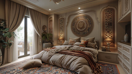 Luxurious bedroom interior with ornate decor, elegant bedding, and natural light from window. - obrazy, fototapety, plakaty