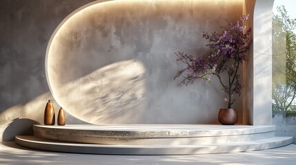 Stand fotografico vacio para presentacion de productos y foto montaje en texturas de concreto al lado de una planta con iluminacion en blanco . Render 3D en vista frontal