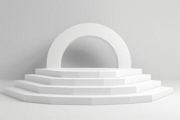 Podio fotografico vacio para presentacion de productos y foto montaje todo en color blanco con formas geometricas. Render 3D en vista frontal