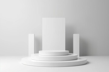 Soporte fotografico vacio para presentacion de productos y foto montaje en color blanco con estilo simple y minimalista. Render 3D en vista frontal