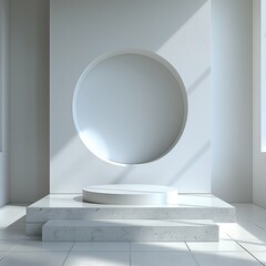 Podio fotografico vacio para presentacion de productos y foto montaje todo en color blanco al lado de una ventana con estylo moderno y minimalista. Render 3D en vista frontal