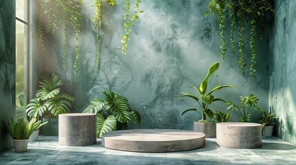 Stand fotografico para presentacion de productos y foto montaje en habitacion en tonos verdes con plantas en un estilo natural al lado de una ventana. Render 3D en vista frontal