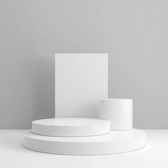Soporte fotografico vacio para presentacion de productos y foto montaje en color blanco con formas geometriscas en color blanco con un estilo minimalista. Render 3D en vista frontal