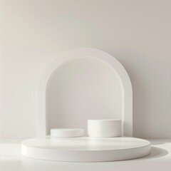 Mesa fotografica para presentacion de productos y foto montaje en color blanco con un toque calido en un estilio limpio y minimalista. Render 3D en vista frontal