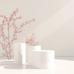 Pedestal fotografico para presentacion de productos y foto montaje en color blanco con flores al lado de una ventana, muy iluminada. Render 3D en vista frontal