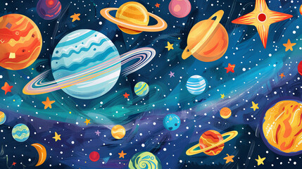 Vibrant and playful illustration of the solar system with colorful planets, stars, and cosmic elements, perfect for educational materials. - obrazy, fototapety, plakaty