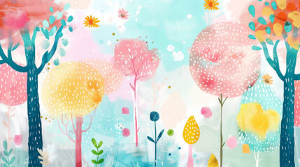 Colorful, whimsical illustration of an abstract forest with stylized trees and playful textures, perfect for a child's room decor.