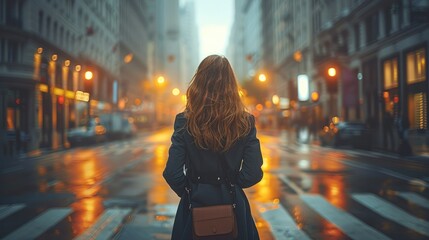 A single business woman, walking straight into an empty city street from behind. Generative AI.