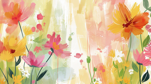 A bright and energetic abstract floral watercolor illustration, with a splash of warm colors ideal for lively spring and summer designs.