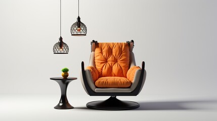 Retro vantage armchair with hanging lamp on a grey background.