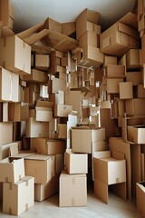 Chaotic pile of cardboard boxes storage room