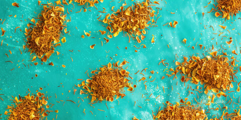 Vibrant Yellow Flowers Over Turquoise Background, Top View with Copy Space for Design Concept