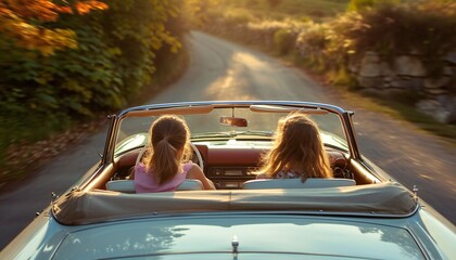 Two women enjoying convertible car ride in city - obrazy, fototapety, plakaty
