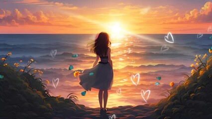 anime girl watching sunset at the ocean digital art, painting, anime, art, Graphics, backgrounds, anime characters, anime wallpapers, cartoon, girl, fantasy