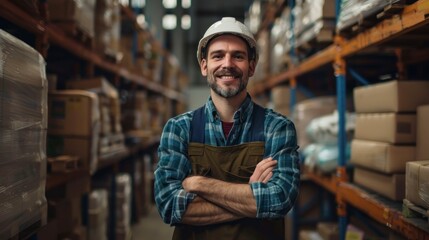 man with helmet looking at camera working in a warehouse with boxes with good lighting