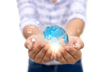 Close-up of hands holding a glowing digital globe with secure data icons, symbolizing global connectivity and cybersecurity..