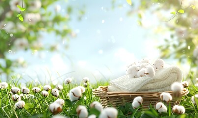 
a versatile illustration for parfume pearls commercial background with cotton flower and fresh clean clouth in basket on the grass garden