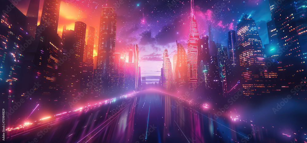 Poster a colorful futuristic space city with stars in a dark sky. generative ai.