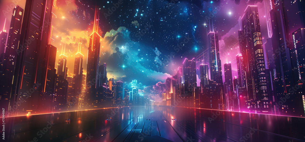 Poster a colorful futuristic space city with stars in a dark sky. generative ai.