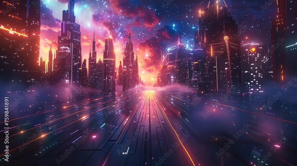 Poster a colorful futuristic space city with stars in a dark sky. generative ai.