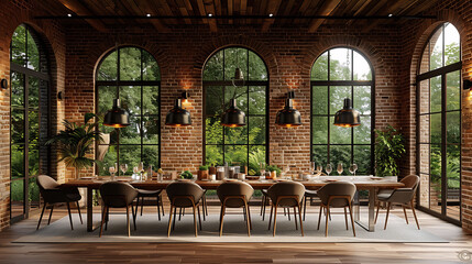 Elegant dining room with a long wooden table, modern chairs, and large windows overlooking greenery. - obrazy, fototapety, plakaty