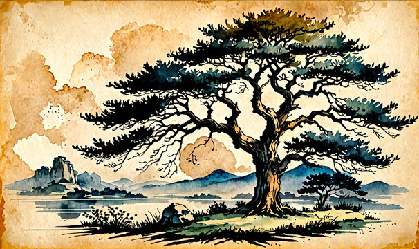 An ancient tree. Colorful. Ink illustration on a parchment. Vintage concept. Generative AI.