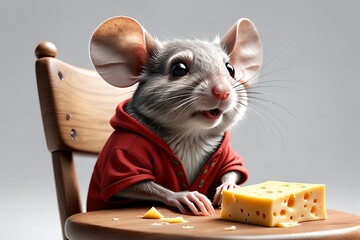 cute gray mouse with delicious cheese - obrazy, fototapety, plakaty