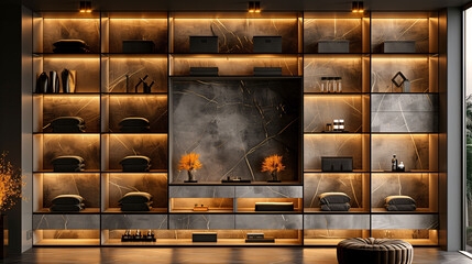 Modern living room with elegant built-in shelving, ambient lighting, and stylish decor. - obrazy, fototapety, plakaty
