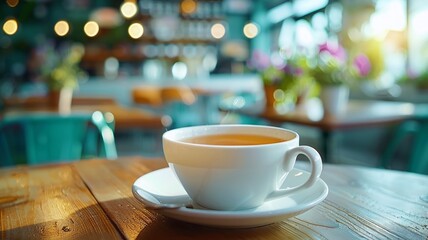 Warm tea cup on wooden cafe table in soft morning light