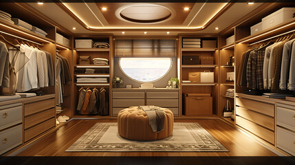Luxurious walk-in closet with LED lighting, wooden cabinets, and a large window. - obrazy, fototapety, plakaty